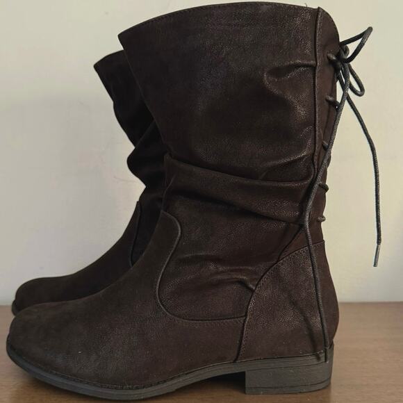 NEW Women’s Sz 9 XW Black Calf Boots – Low Heel Inside Zip Slouchy Lace-Up Backs - Picture 7 of 14